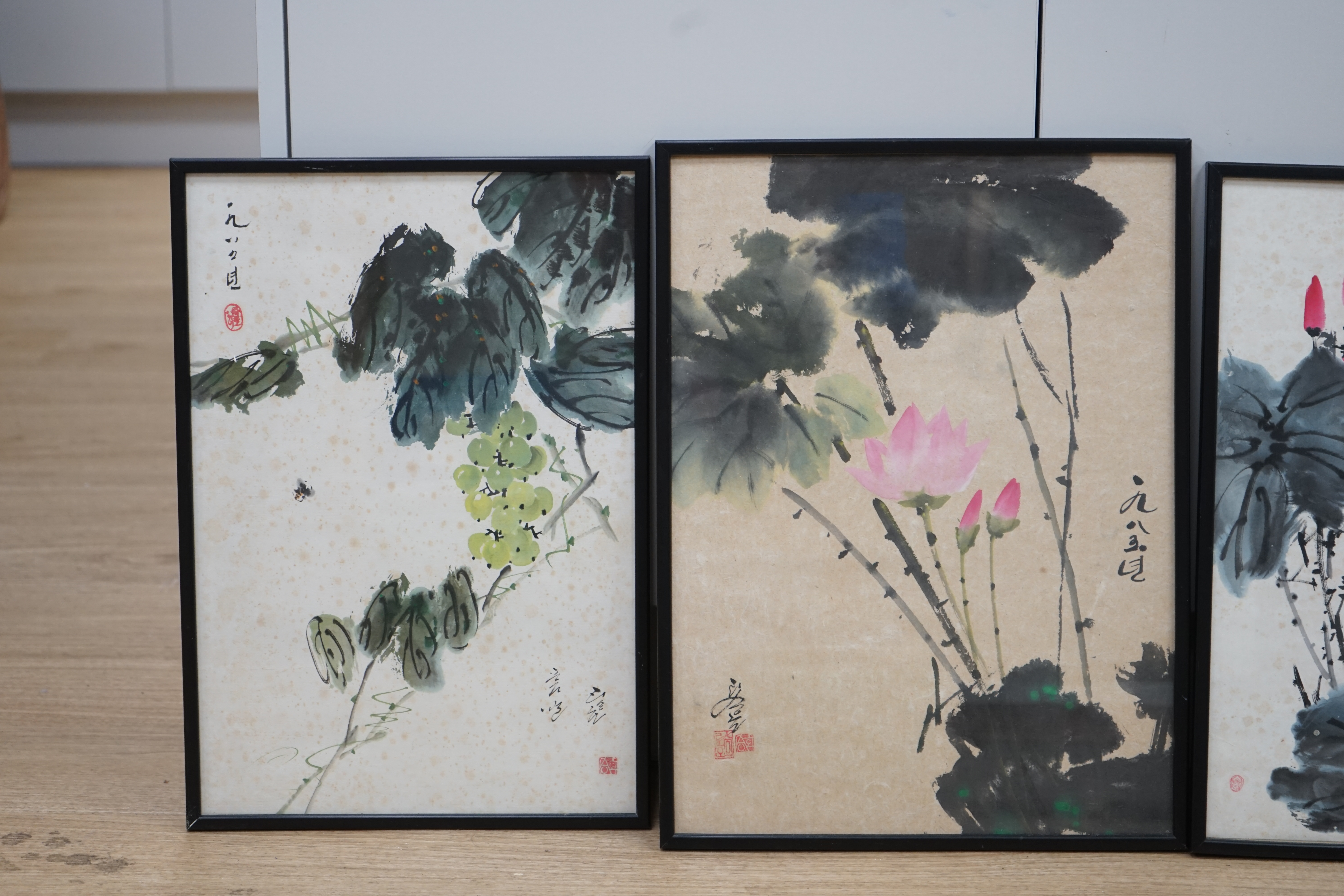 20th century, Chinese School, four pictures, Flowers and landscape with pagoda, largest 44 x 29cm. Condition - poor, discolouration and foxing throughout
